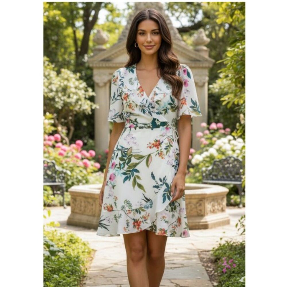 The Room by Arc & Co Wrap Dress White Floral Womens Size L